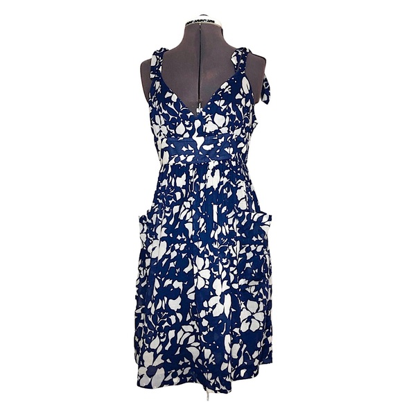 American Eagle Cotton Blue Ivory Flowy Skirt Pockets Floral Straps Lined Dress 6 - Picture 2 of 13